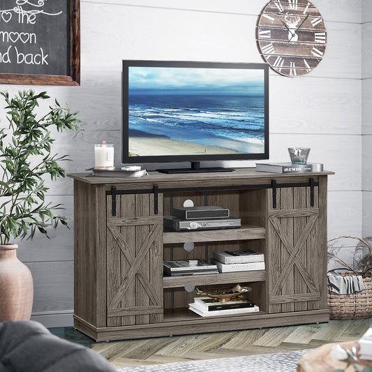 Sliding Barn Door TV Stand with Adjustable Shelves and Storage for TVs up to 60 Inches - Grey
