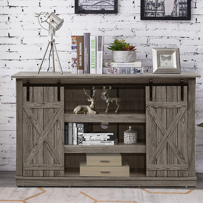 Sliding Barn Door TV Stand with Adjustable Shelves and Storage for TVs up to 60 Inches - Grey