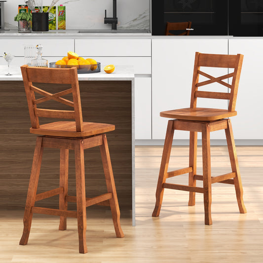 Swivel Counter Height Bar Stools with Curved Backrest and Wooden Frame in Walnut, 24 Inch Set of 2