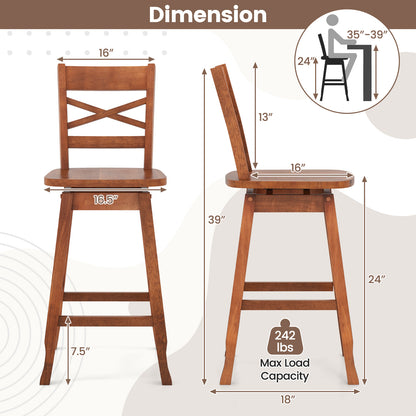 Swivel Counter Height Bar Stools with Curved Backrest and Wooden Frame in Walnut, 24 Inch Set of 2