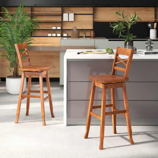 Swivel Counter Height Bar Stools with Curved Backrest and Wooden Frame in Walnut, 30 Inch Set of 2