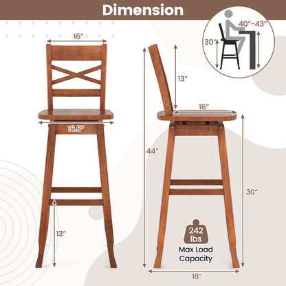 Swivel Counter Height Bar Stools with Curved Backrest and Wooden Frame in Walnut, 30 Inch Set of 2