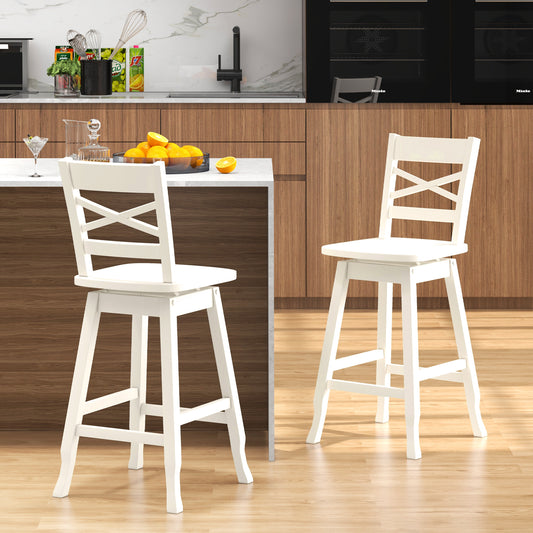 Swivel Counter Height Bar Stools with Curved Backrest and Wooden Frame in White, 24 Inch Set of 2