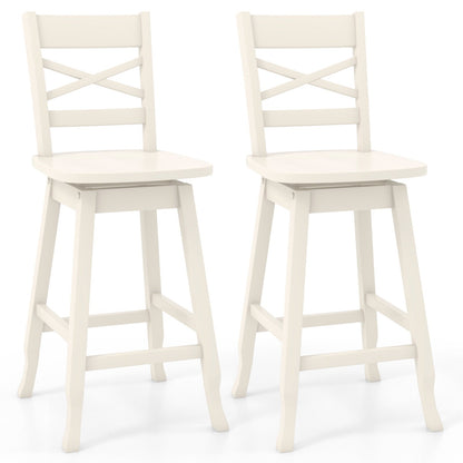 Swivel Counter Height Bar Stools with Curved Backrest and Wooden Frame in White, 24 Inch Set of 2