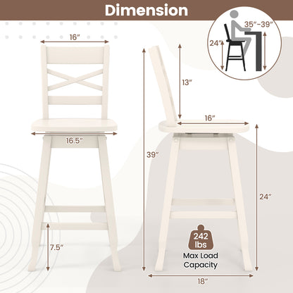 Swivel Counter Height Bar Stools with Curved Backrest and Wooden Frame in White, 24 Inch Set of 2