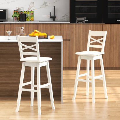Swivel Counter Height Bar Stools with Curved Backrest and Wooden Frame in White, 30 Inch Set of 2