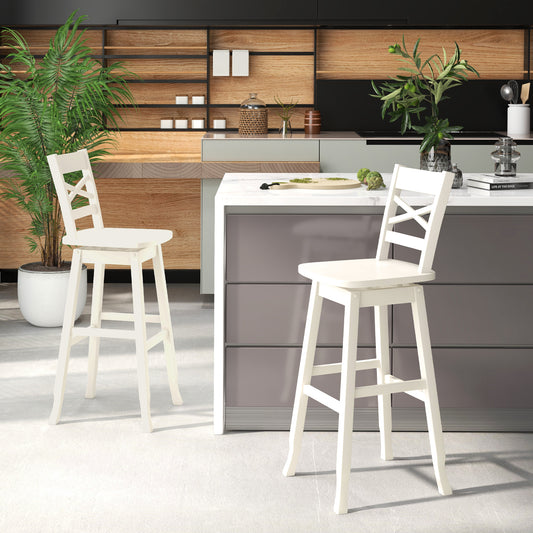 Swivel Counter Height Bar Stools with Curved Backrest and Wooden Frame in White, 30 Inch Set of 2