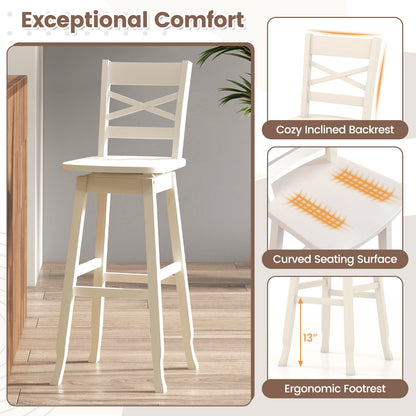 Swivel Counter Height Bar Stools with Curved Backrest and Wooden Frame in White, 30 Inch Set of 2