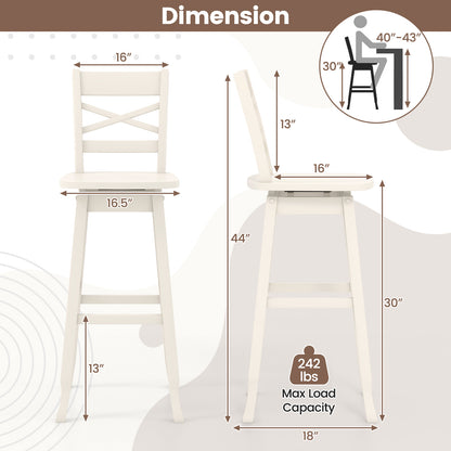 Swivel Counter Height Bar Stools with Curved Backrest and Wooden Frame in White, 30 Inch Set of 2