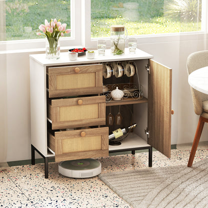 Modern Rattan Storage Cabinet with 1 Door 3 Drawers and Metal Legs for Dining Room or Living Space