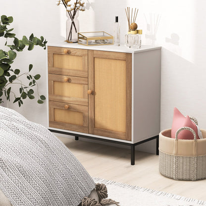Modern Rattan Storage Cabinet with 1 Door 3 Drawers and Metal Legs for Dining Room or Living Space