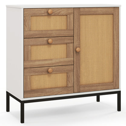 Modern Rattan Storage Cabinet with 1 Door 3 Drawers and Metal Legs for Dining Room or Living Space