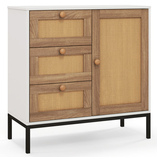 Modern Rattan Storage Cabinet with 1 Door 3 Drawers and Metal Legs for Dining Room or Living Space