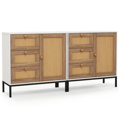 Modern Rattan Storage Cabinet with 1 Door 3 Drawers and Metal Legs for Dining Room or Living Space