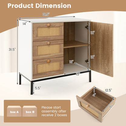 Modern Rattan Storage Cabinet with 1 Door 3 Drawers and Metal Legs for Dining Room or Living Space