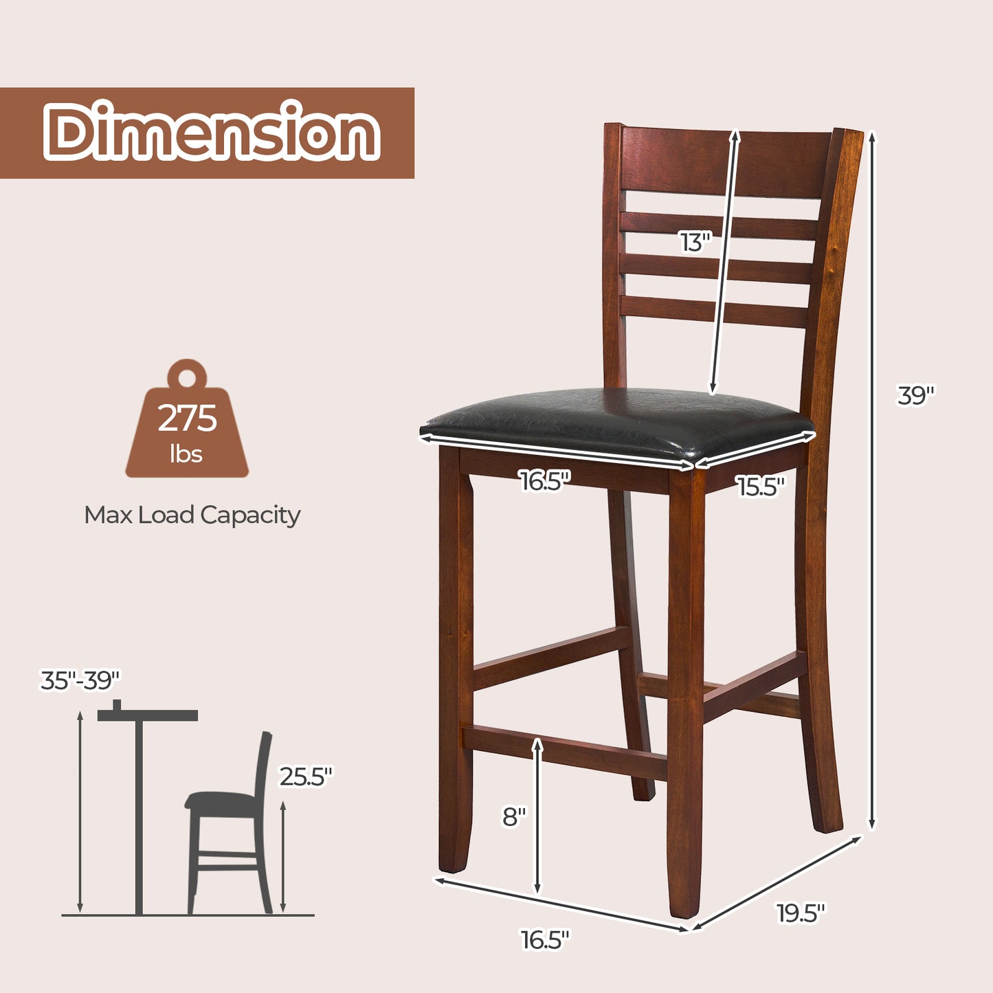 Counter Height Bar Stools Set of 2 with Backrest and Footrest for Kitchen Island or Dining Area
