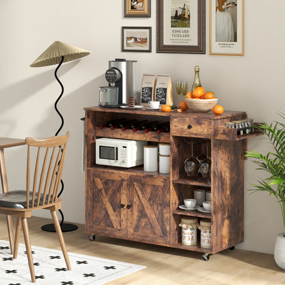 Mobile Kitchen Island Cart with Expandable Drop Leaf and Built-In Wine Storage