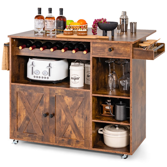 Mobile Kitchen Island Cart with Expandable Drop Leaf and Built-In Wine Storage