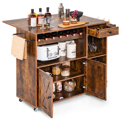 Mobile Kitchen Island Cart with Expandable Drop Leaf and Built-In Wine Storage