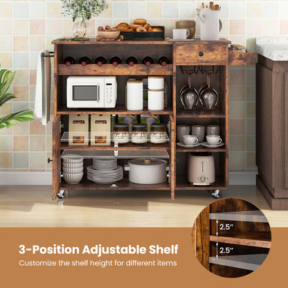 Mobile Kitchen Island Cart with Expandable Drop Leaf and Built-In Wine Storage