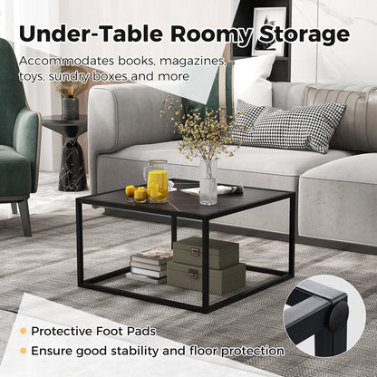 Chic Faux Marble Square Coffee Table with Steel Frame in Black Finish