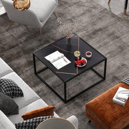 Chic Faux Marble Square Coffee Table with Steel Frame in Black Finish
