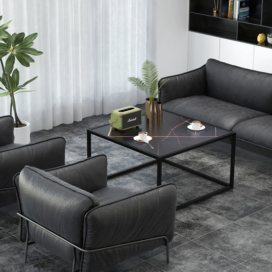 Chic Faux Marble Square Coffee Table with Steel Frame in Black Finish