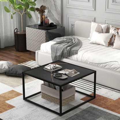 Chic Faux Marble Square Coffee Table with Steel Frame in Black Finish