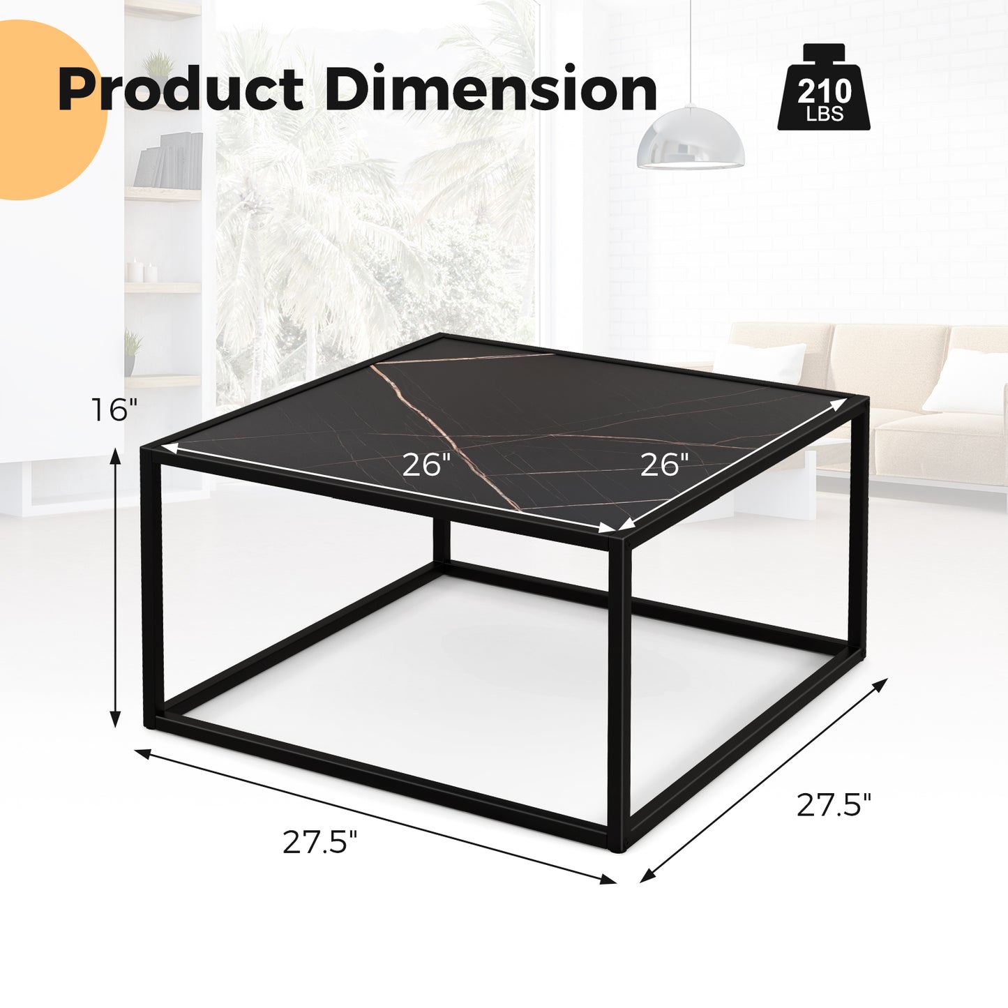 Chic Faux Marble Square Coffee Table with Steel Frame in Black Finish