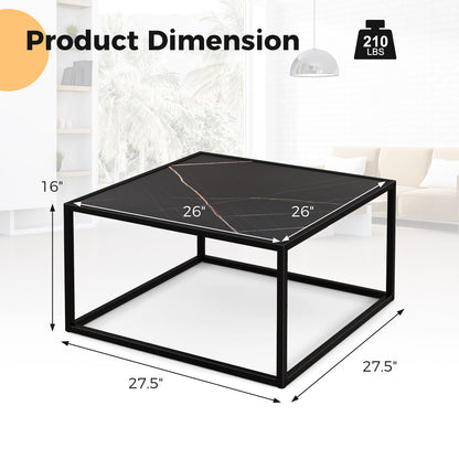 Chic Faux Marble Square Coffee Table with Steel Frame in Black Finish