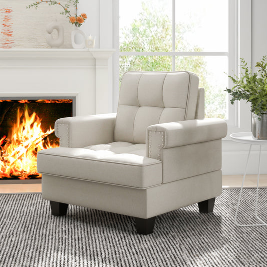Tufted Linen Accent Chair with Plush Cushion and Mid-Century Modern Design, Beige