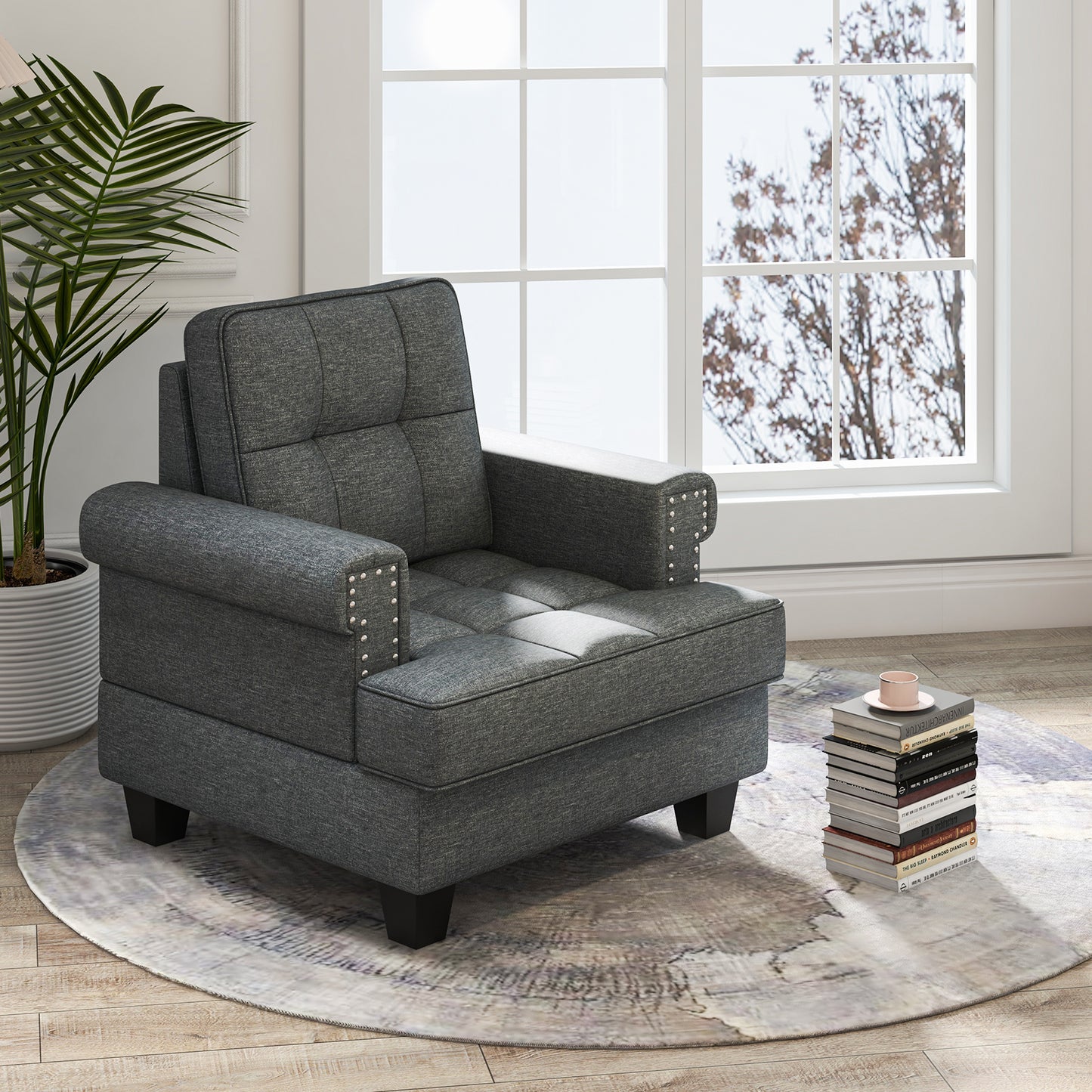 Tufted Linen Accent Chair with Plush Cushion and Mid-Century Modern Design, Grey