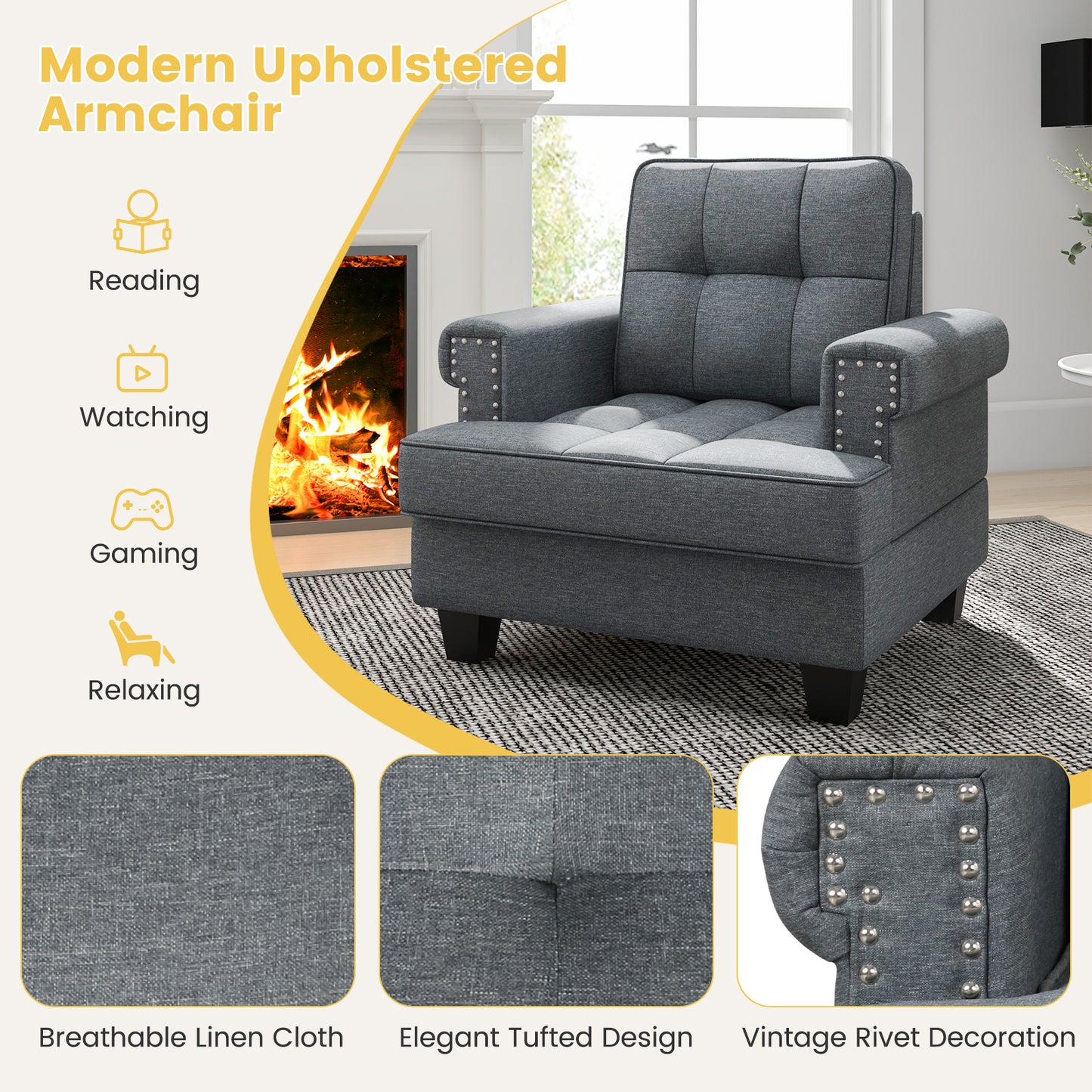 Tufted Linen Accent Chair with Plush Cushion and Mid-Century Modern Design, Grey