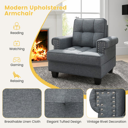 Tufted Linen Accent Chair with Plush Cushion and Mid-Century Modern Design, Grey