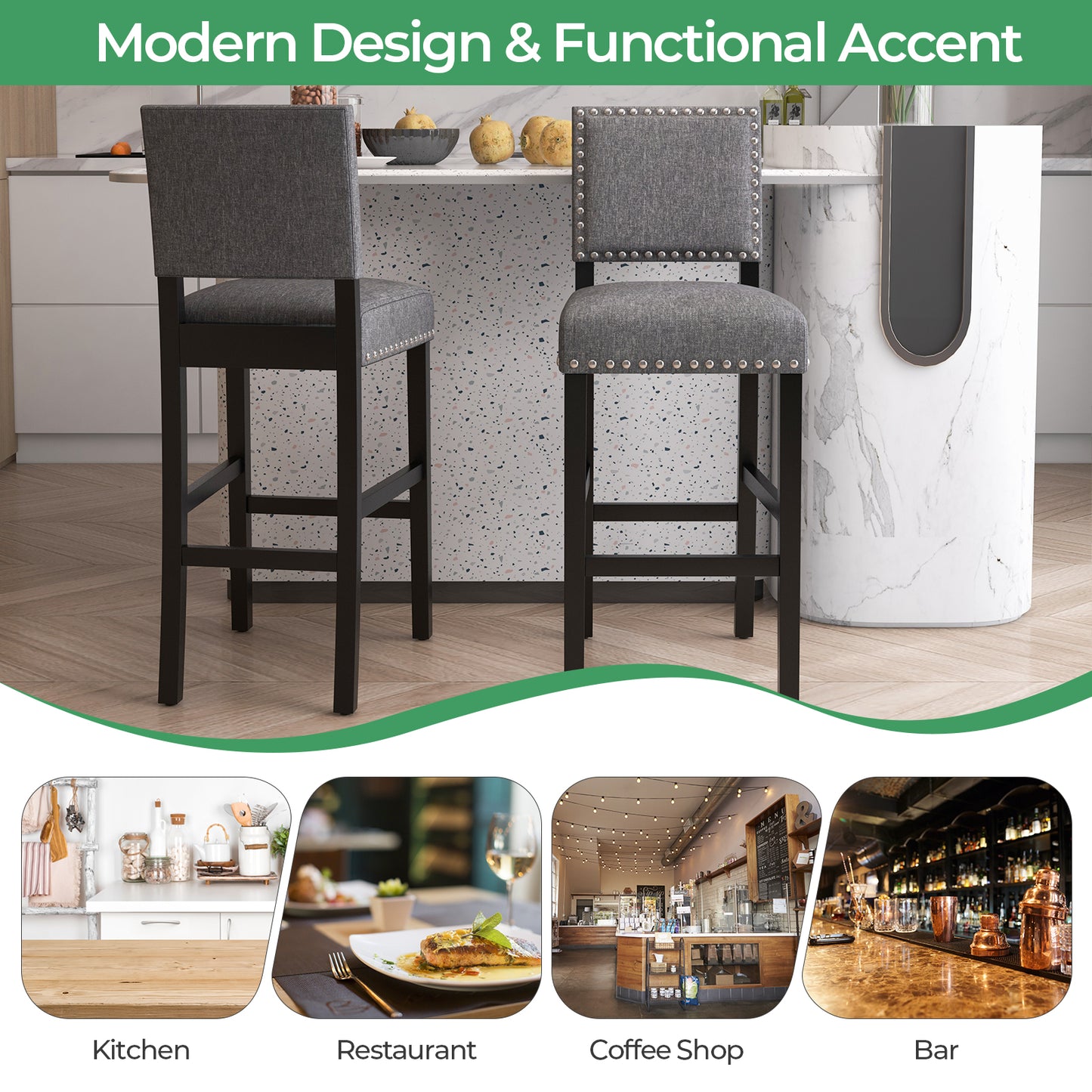 Set of 2 Counter Height Bar Stools with Solid Rubber Wood Frame - 43.5 Inch
