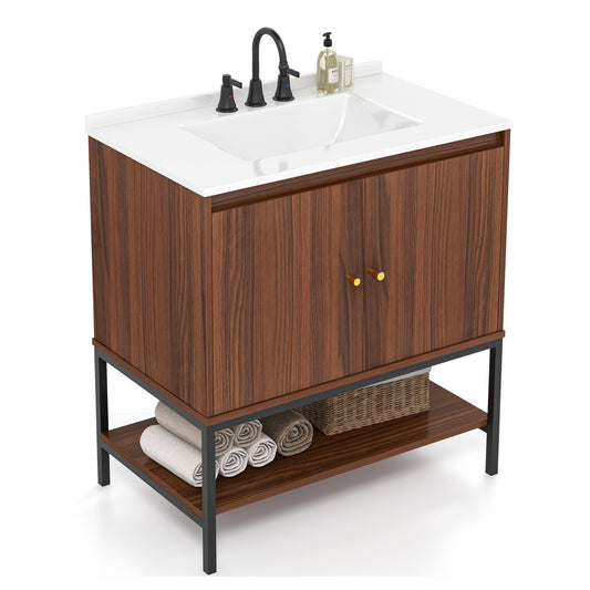 31 Inch Modern Bathroom Vanity Sink Combo with 2 Cabinet Doors & Open Storage Shelf
