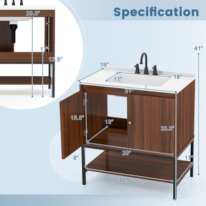 31 Inch Modern Bathroom Vanity Sink Combo with 2 Cabinet Doors & Open Storage Shelf