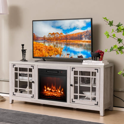 Modern 58 Inch TV Stand with Electric Fireplace and Adjustable Storage for TVs up to 65 Inches - Natural