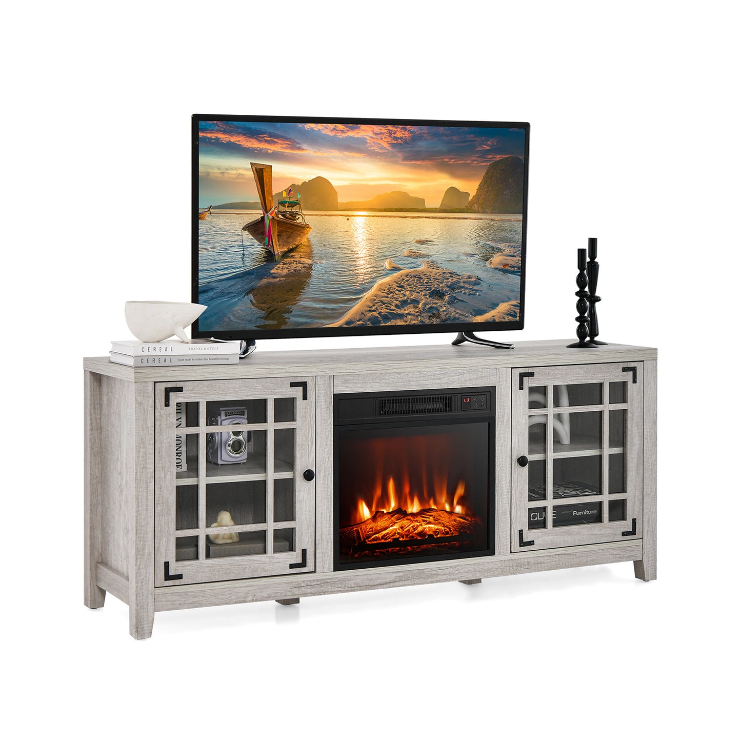 Modern 58 Inch TV Stand with Electric Fireplace and Adjustable Storage for TVs up to 65 Inches - Natural