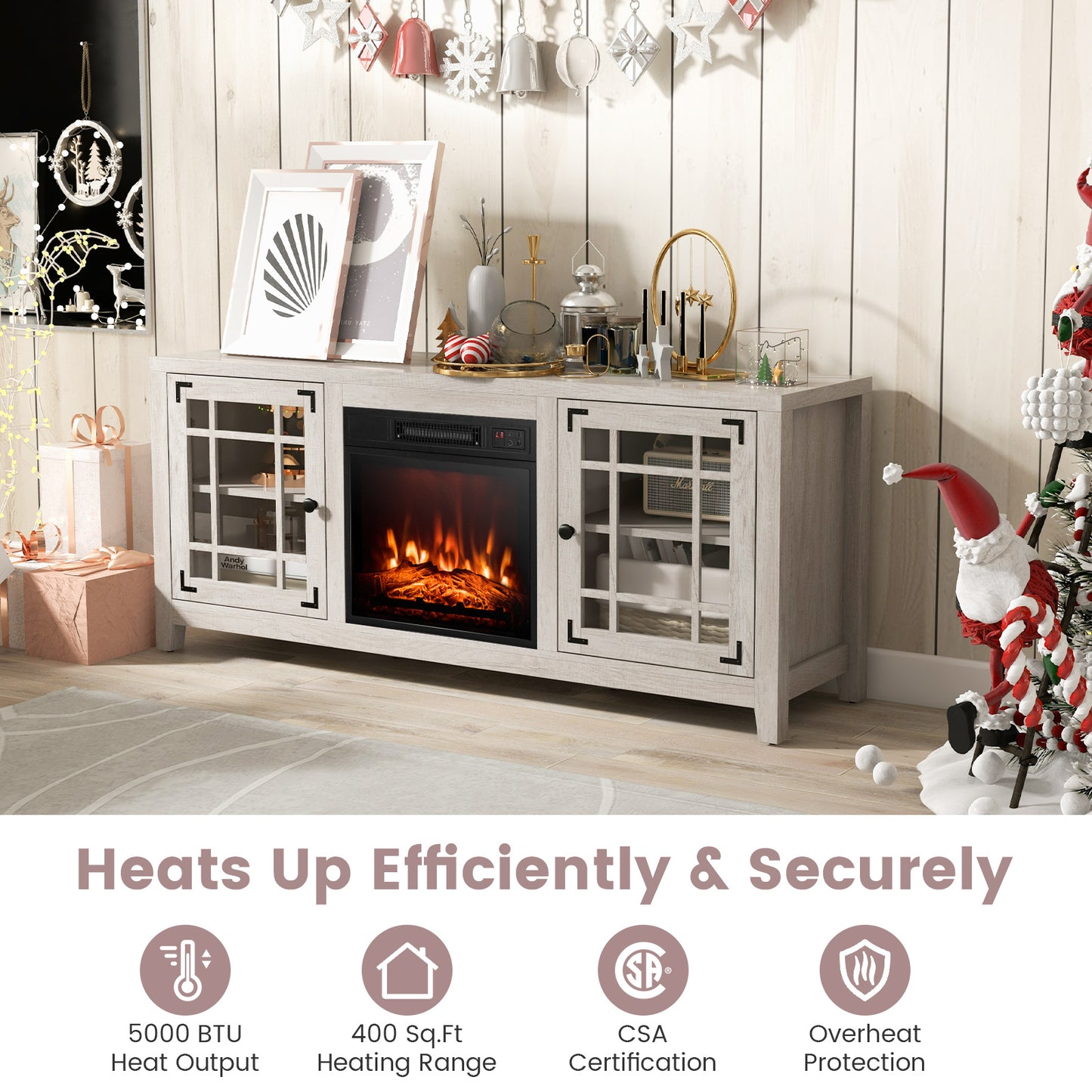Modern 58 Inch TV Stand with Electric Fireplace and Adjustable Storage for TVs up to 65 Inches - Natural