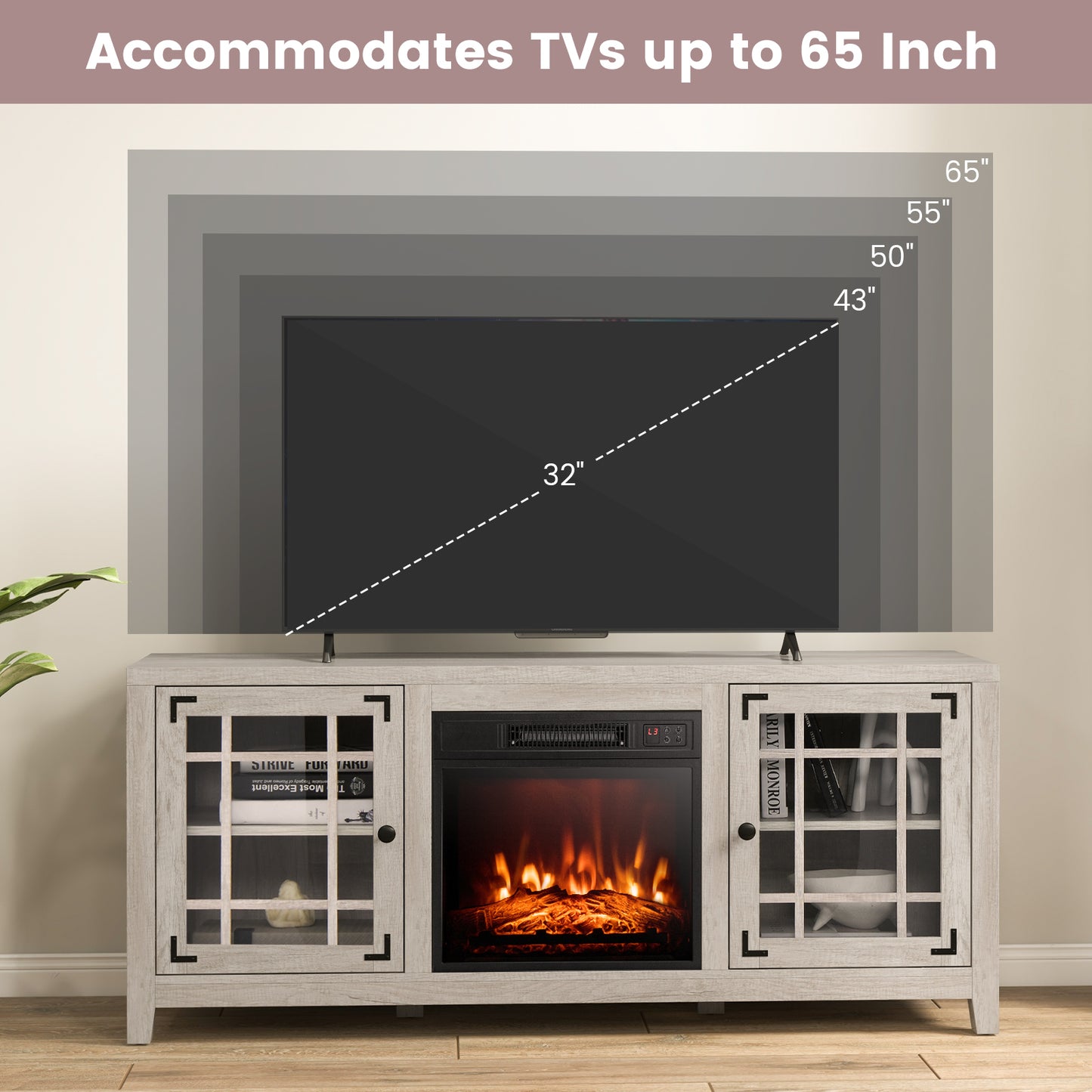 Modern 58 Inch TV Stand with Electric Fireplace and Adjustable Storage for TVs up to 65 Inches - Natural