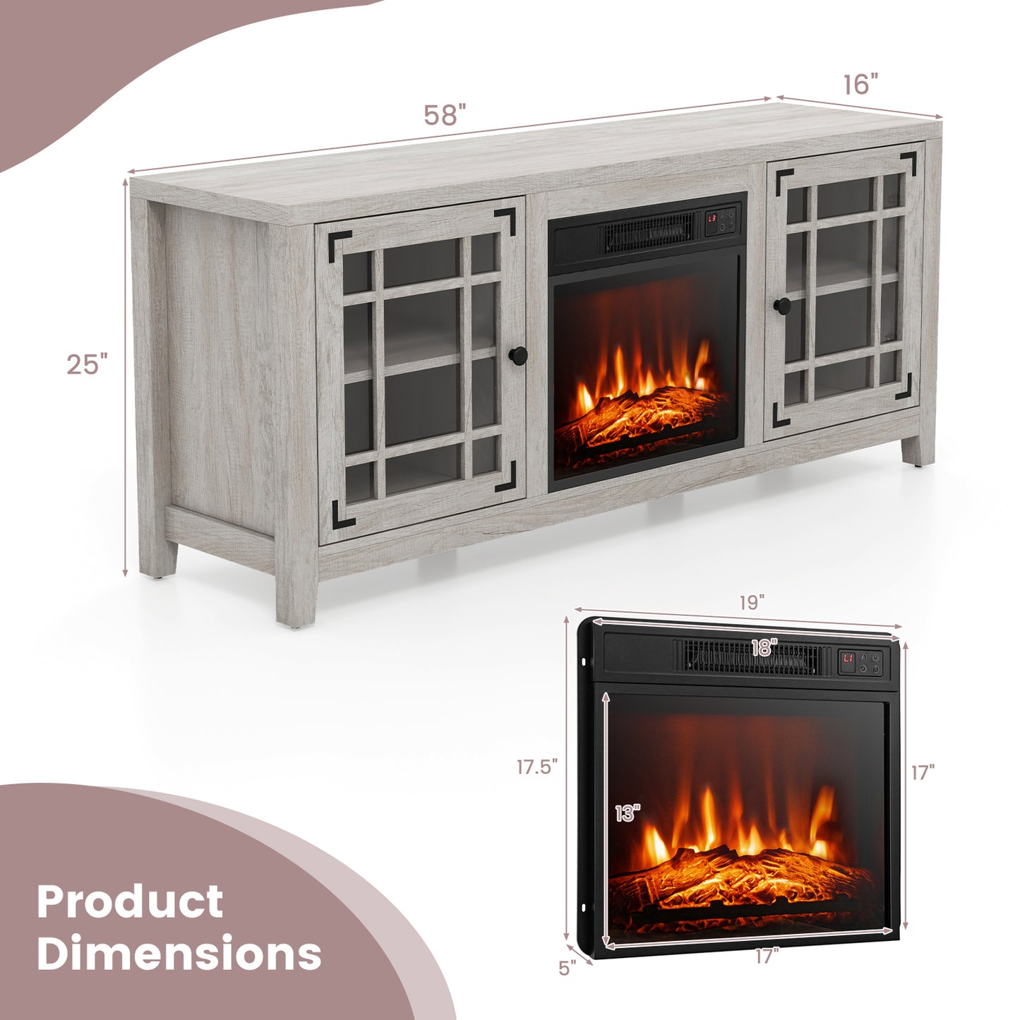 Modern 58 Inch TV Stand with Electric Fireplace and Adjustable Storage for TVs up to 65 Inches - Natural