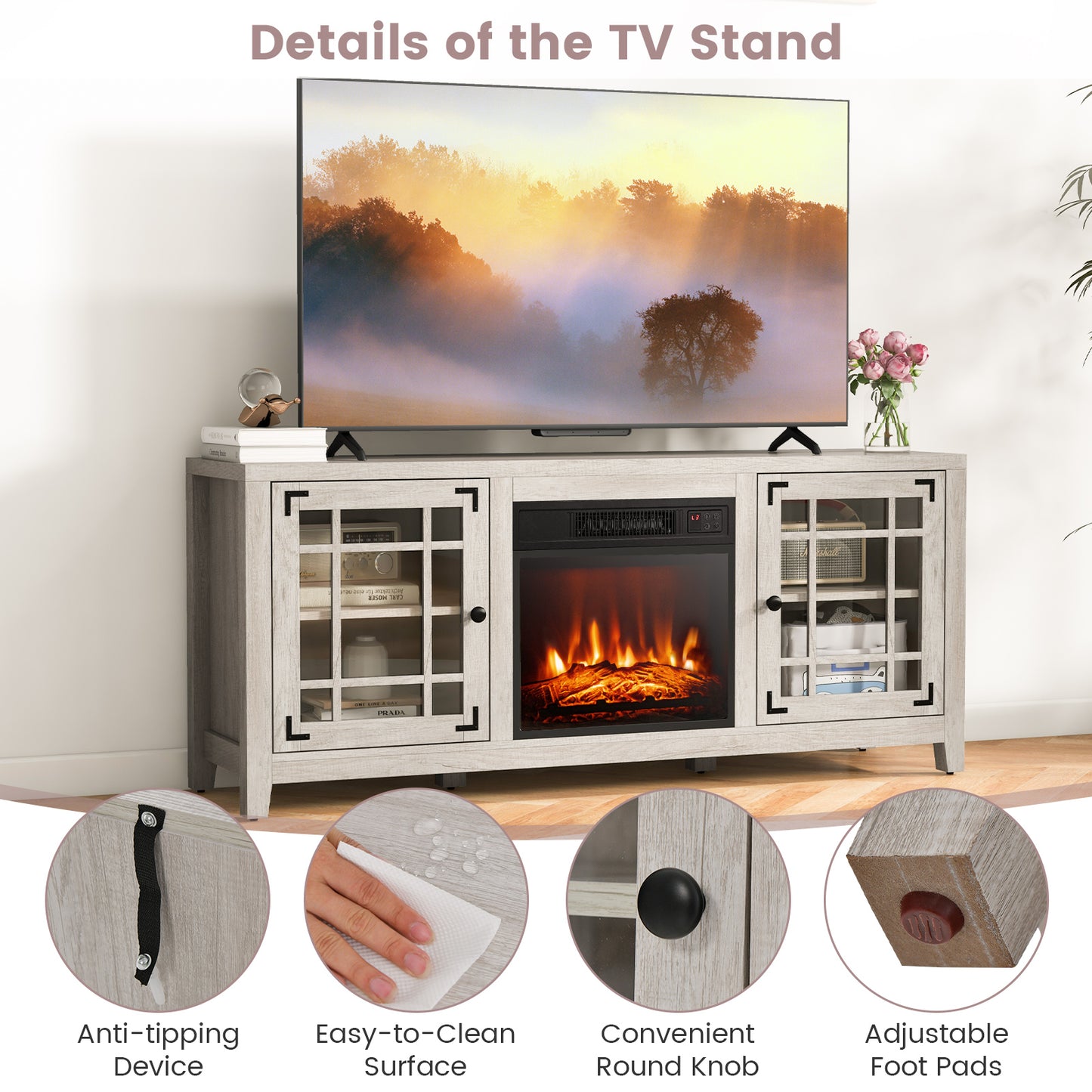 Modern 58 Inch TV Stand with Electric Fireplace and Adjustable Storage for TVs up to 65 Inches - Natural
