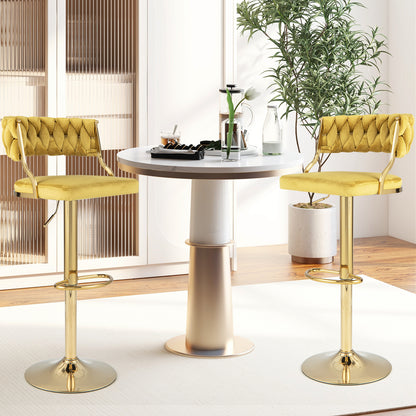 2 Pieces Velvet Swivel Bar Stools with Woven Back and Gold Metal Base for Island or Cafe Seating - Yellow