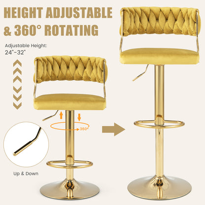 2 Pieces Velvet Swivel Bar Stools with Woven Back and Gold Metal Base for Island or Cafe Seating - Yellow