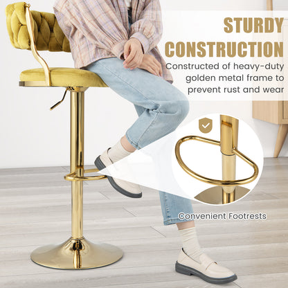 2 Pieces Velvet Swivel Bar Stools with Woven Back and Gold Metal Base for Island or Cafe Seating - Yellow