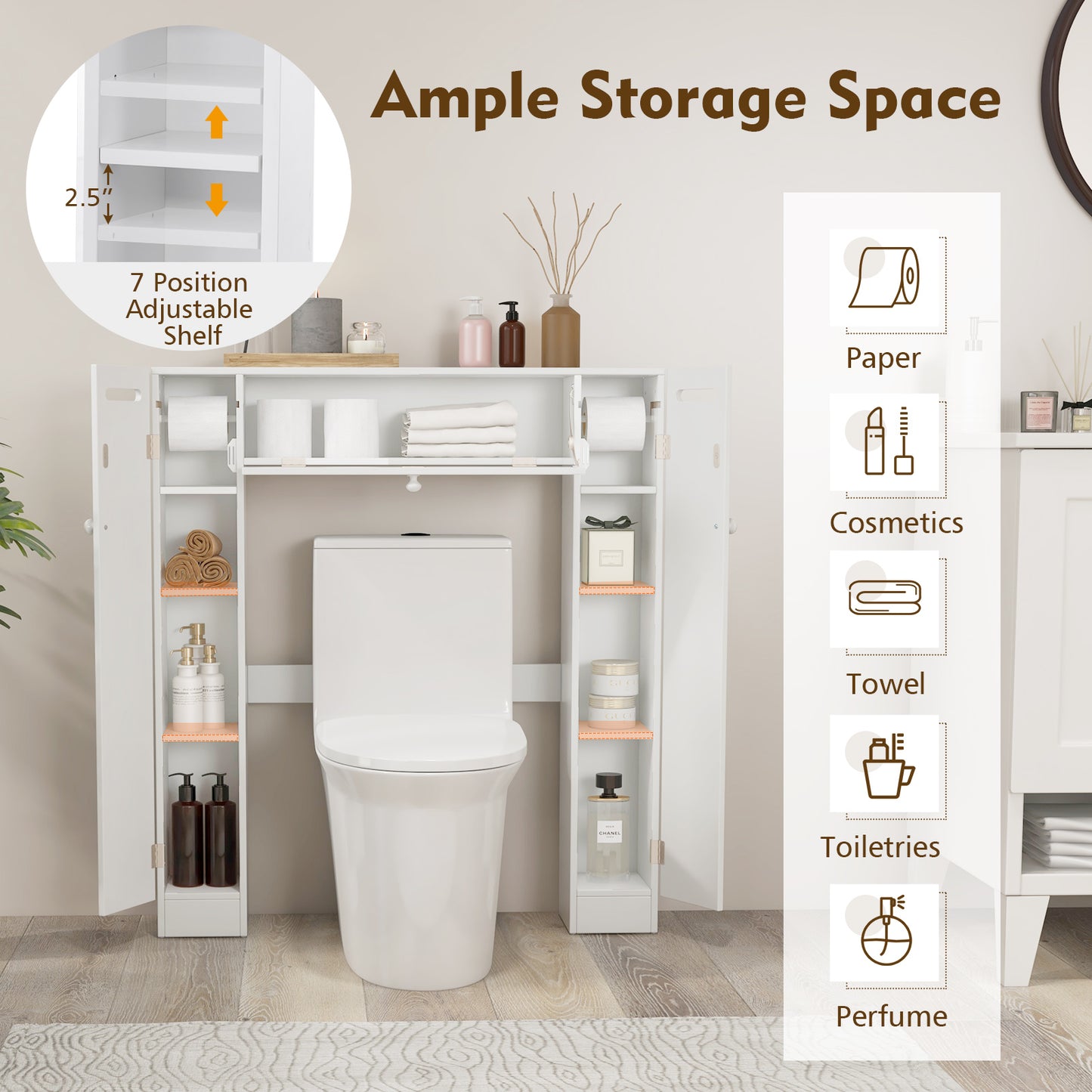 Multi-Storage Over-The-Toilet Cabinet with Adjustable Shelves and Toilet Paper Holder