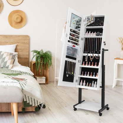 LED Mirror Jewelry Cabinet Armoire with Adjustable Height, Lockable Storage, and Wheels – White