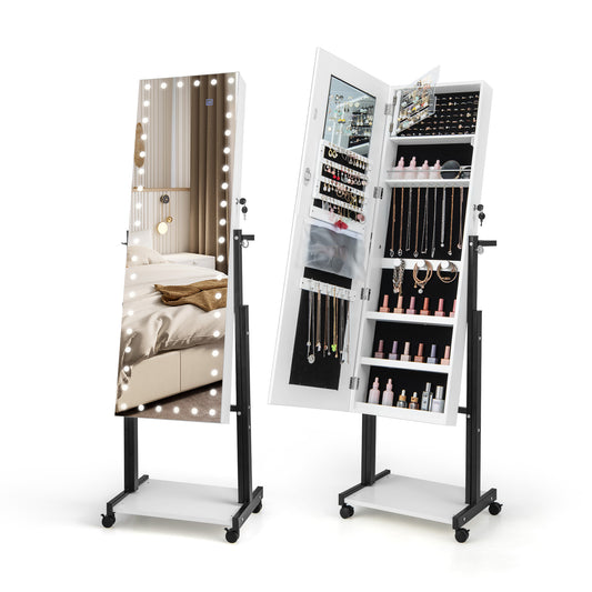 LED Mirror Jewelry Cabinet Armoire with Adjustable Height, Lockable Storage, and Wheels – White