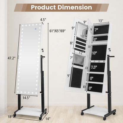 LED Mirror Jewelry Cabinet Armoire with Adjustable Height, Lockable Storage, and Wheels – White